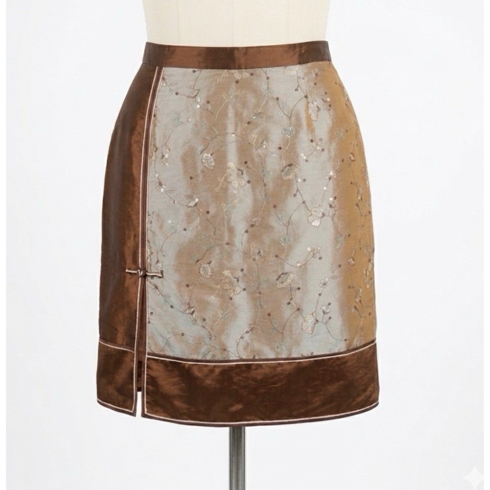 i-SHANGHAI Silk Cheongsam Skirt XL Qipao Brocade Sequins Frog Closure Slit